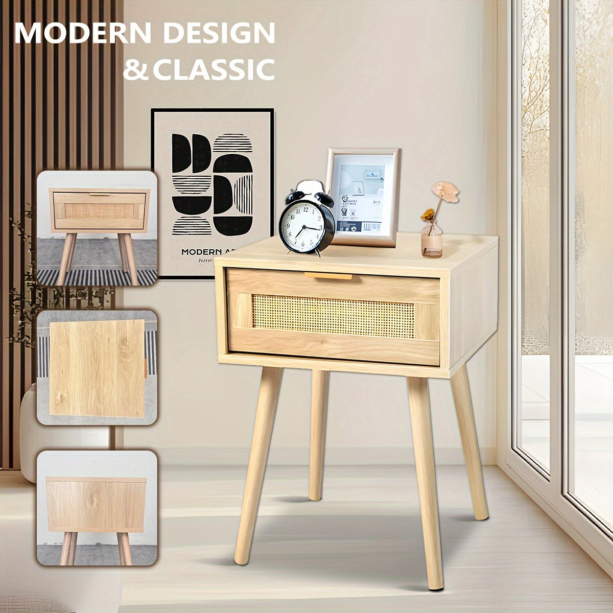 Set Of 2 Bedroom Nightstands Wooden Night Stands With Rattan Weaving Drawer Home Bedside End Table For Bedroom Storage (Set Of 2)