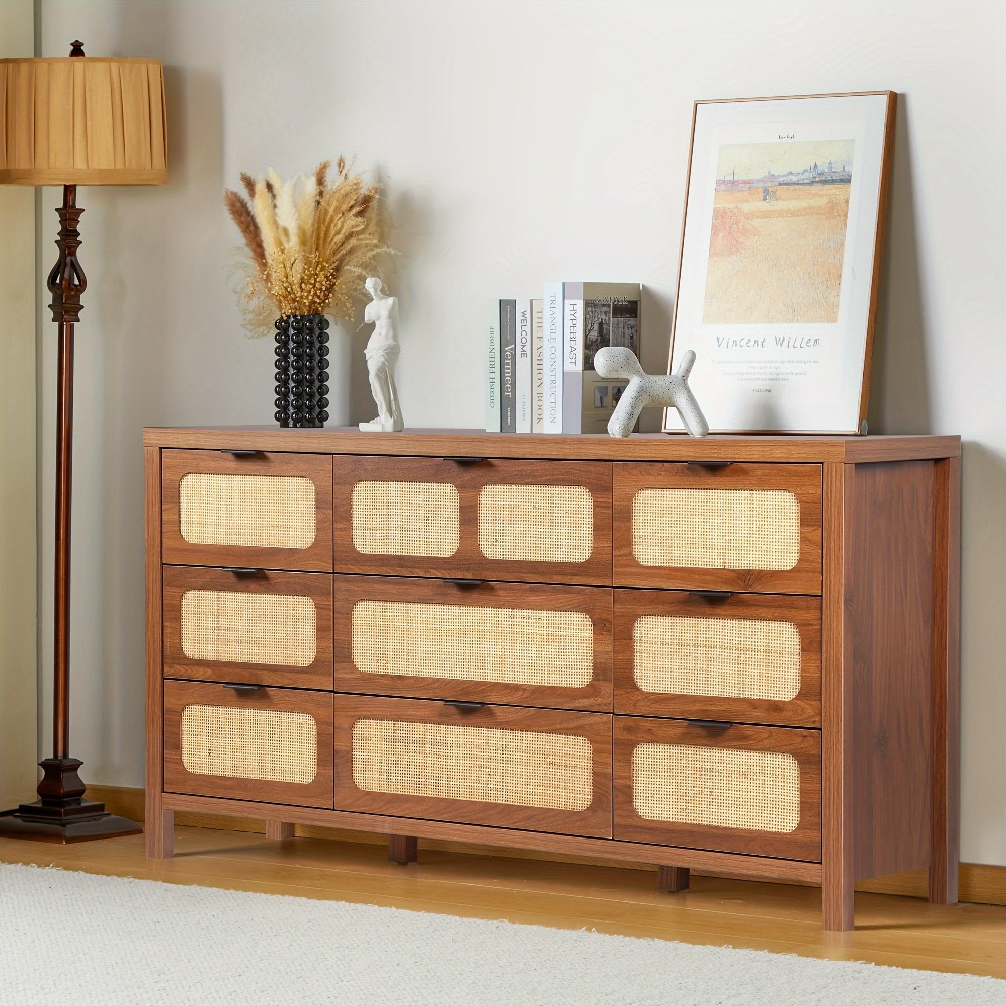 9 Drawer Dresser, Modern Rattan Dresser Chest With Large Storage And Metal Handles, Rustic Wood Storage Chest Of Drawers For Bedroom, Living Room, Entryway