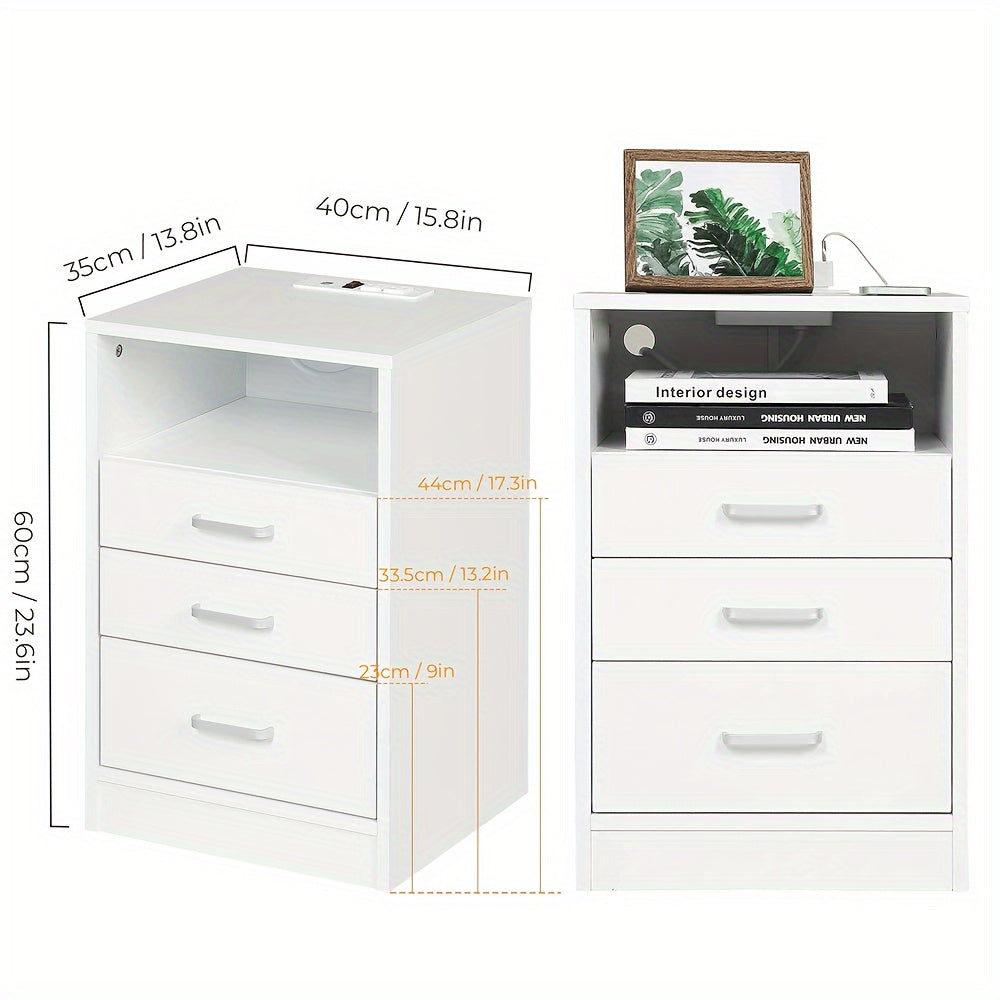 Nightstand with 3 Drawers and USB Port Charging Station, Bedroom End Table Side Table with Open Storage, Grey/White/ Black