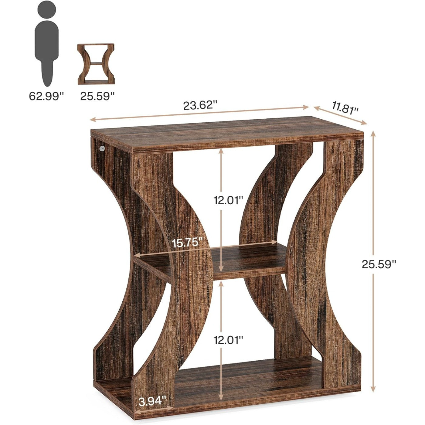 3-Tier Side Table with Storage Shelves, 60cm Farmhouse End Table, Modern Wood Accent Table, Nightstand Bedside Table for Living Room, Bedroom, Ladder Racks, Storage and Organization