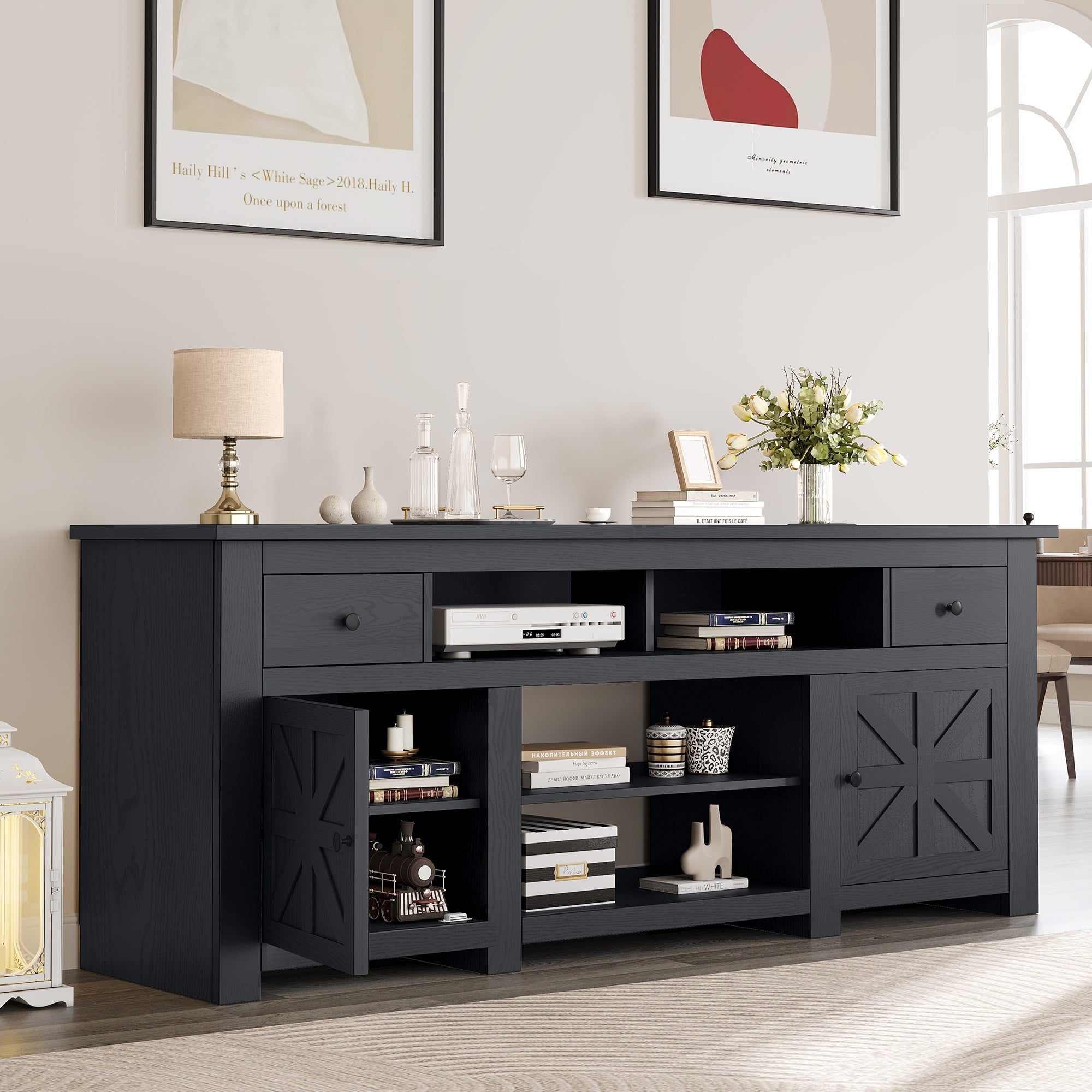 Farmhouse Entertainment Center, Wood TV Stand for 203cm TV, Storage, Hardwired Room Electrical Fireplace, 110-130V, with No Ignition Function, for White/Black (70 Inch)