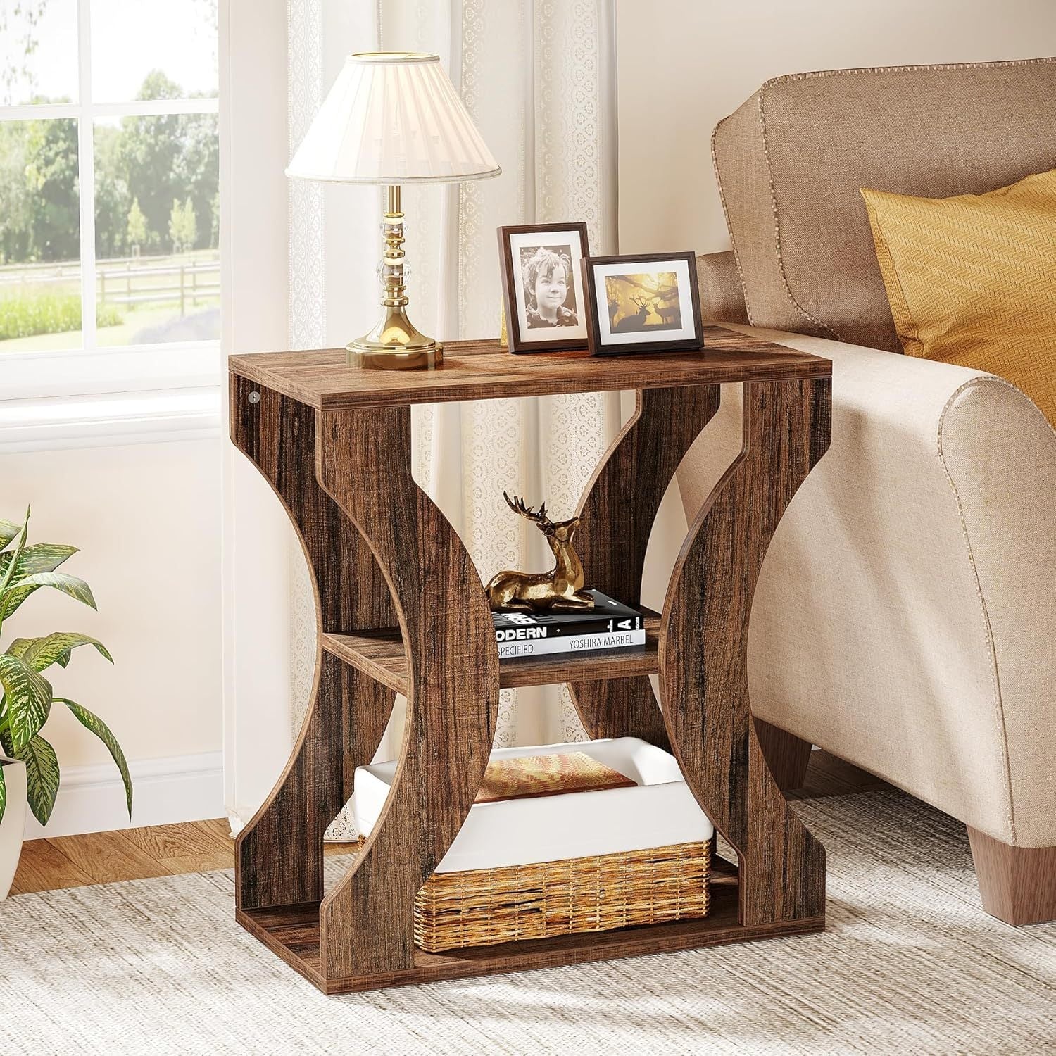 3-Tier Side Table with Storage Shelves, 60cm Farmhouse End Table, Modern Wood Accent Table, Nightstand Bedside Table for Living Room, Bedroom, Ladder Racks, Storage and Organization