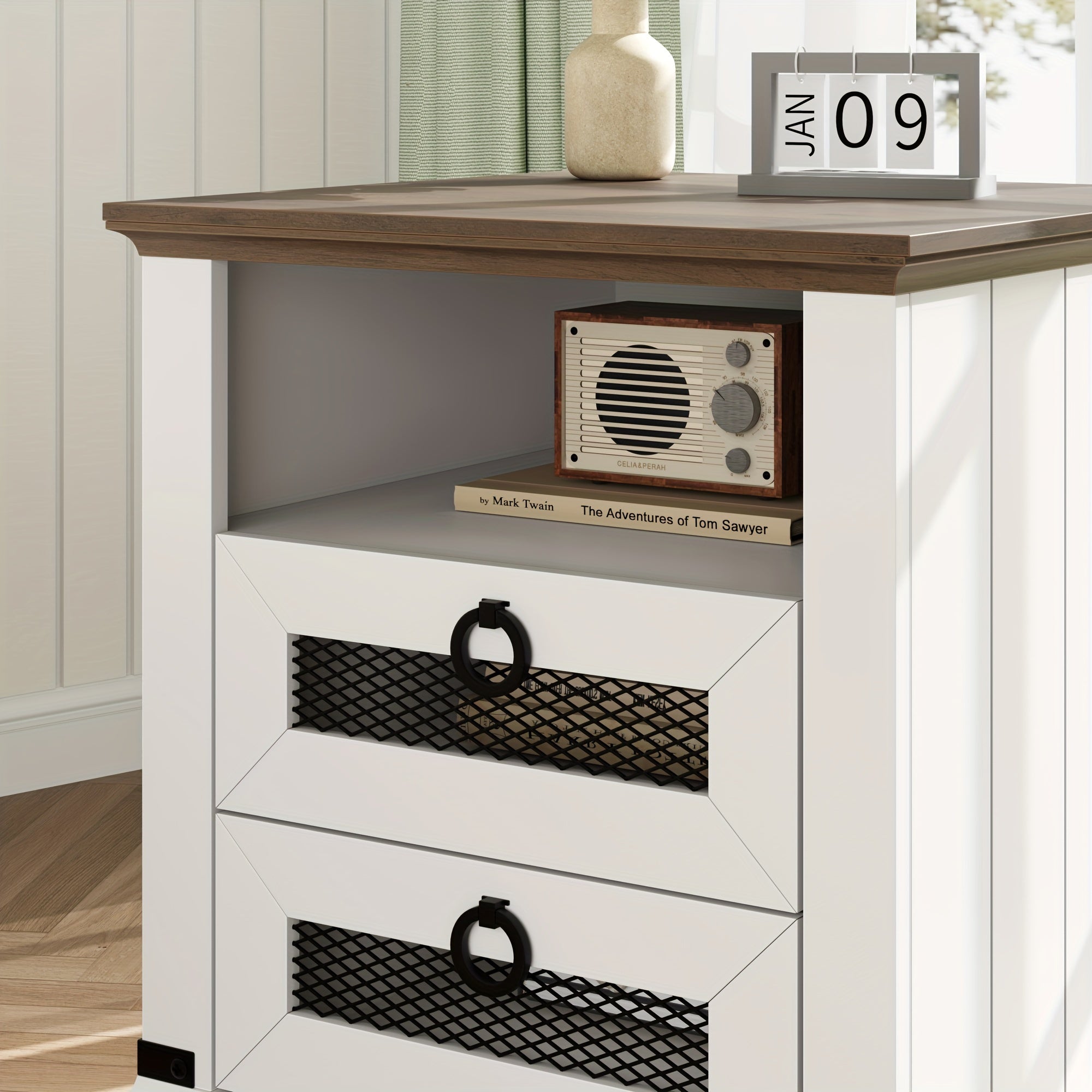 Farmhouse End Table White Nightstand Wood Sofa Table Square Side Table Nesting Table With 2 Drawers For Bedroom Living Room