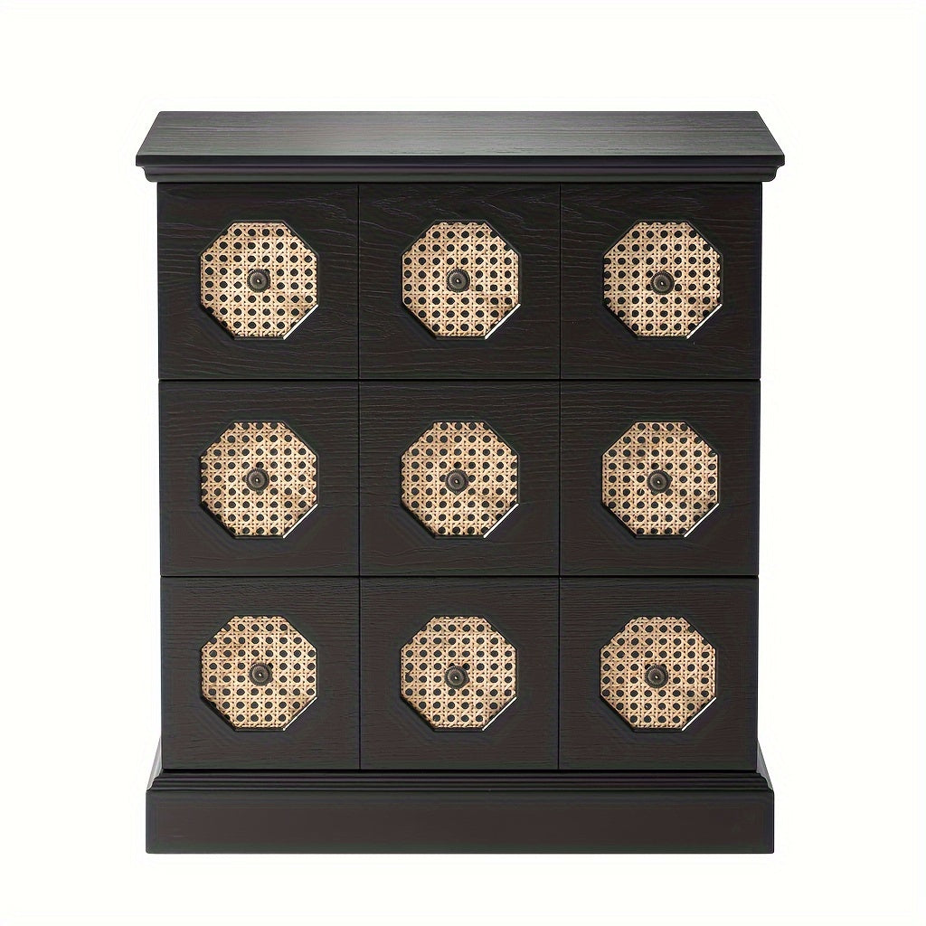 Farmhouse Rattan 3-Drawer Nightstand, Retro Chest Of Drawers With Octagonal Rattan Patterns For Bedroom, Living Room, Fully-Assembled, Black