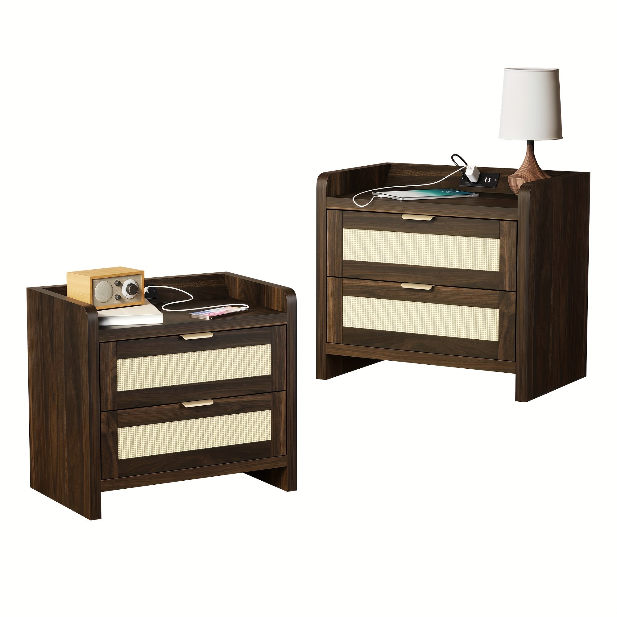 Bohemian Rattan Edge Wooden Nightstand Set Of 2 With 2 Woven Upholstery Drawers And Open Storage Space, Bucket Locker Bedroom Locker Locker, Sofa Side Table, Living Room, Bedroom Headboard (brown/wood)