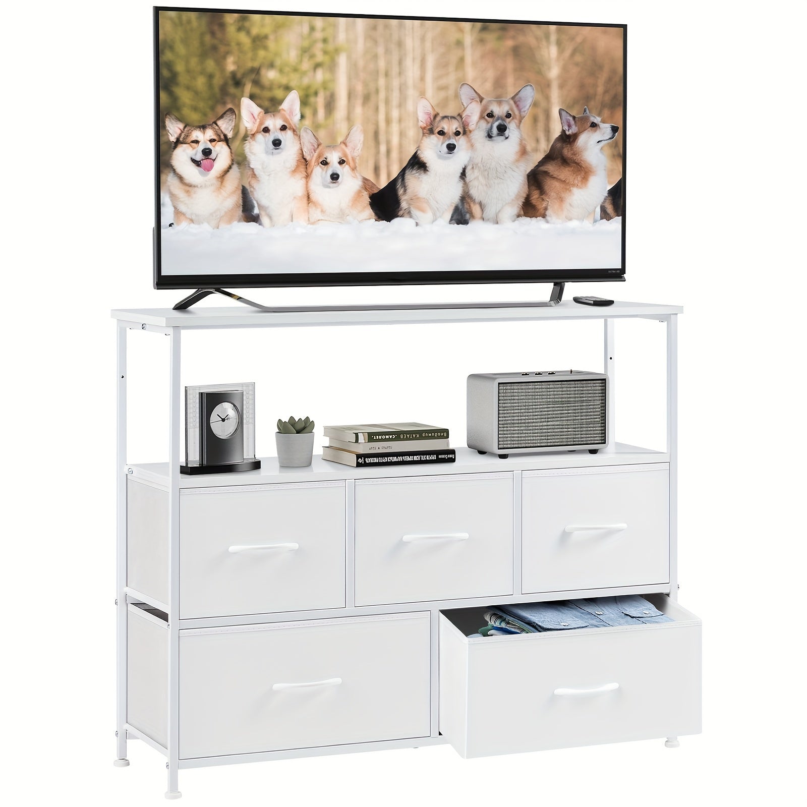 1pc 5 Drawer TV Cabinet, TV Cabinet For 66 To 140cm TV, Fabric Storage Box, Dresser And Drawer Chest, Storage Tower With 5 Cabinets, Metal Frame Portable Furniture For Living Room, Bedroom, Laboratory; 1pc Iron TV Stand