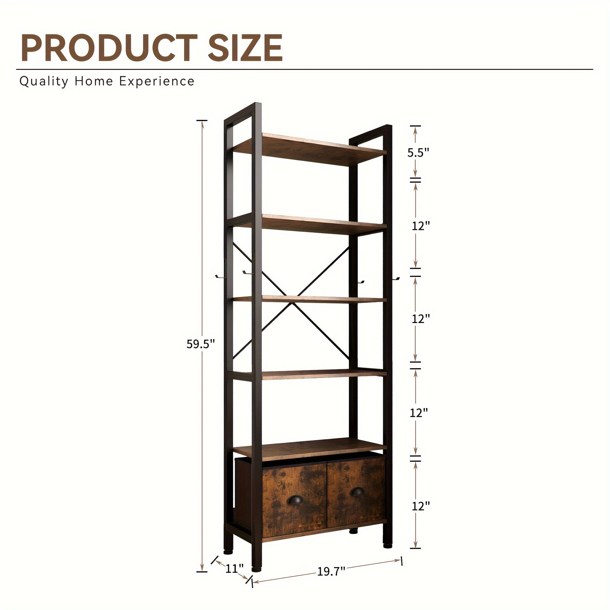 6-Tier Bookshelf with 2 Storage Drawers, Industrial Display Standing Shelf, Rustic Wood Storage Shelf with Metal Frame, Open Bookcases for Living Room, Bedroom, Home Office (Brown)