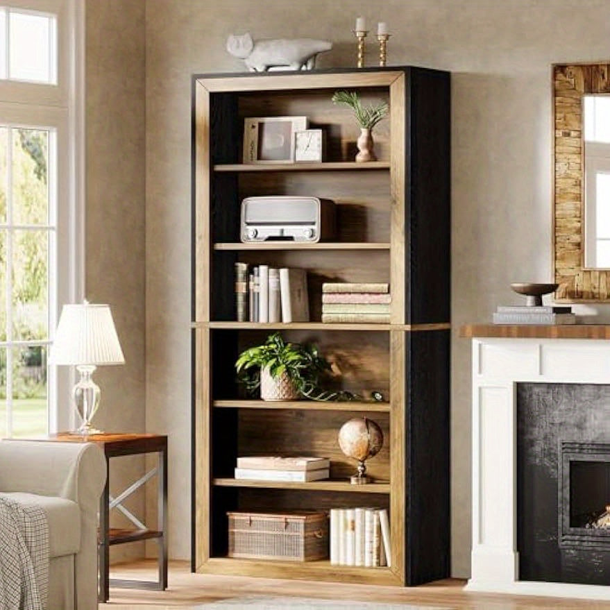 189cm Tall Bookcase, 7 Tiers Wood Open Display Floor Bookshelf, Vintage Open Display Storage Shelves TV Stand for Home Office, Living Room, Bed Room, Brown+Black
