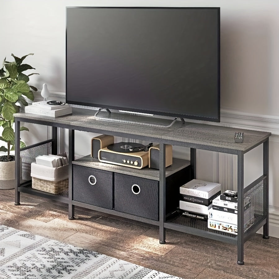 140cm Grey TV Stand with Fabric Drawers - Metal Entertainment Center for Living Room, Bedroom | Includes Media Console & Soundbar Shelf