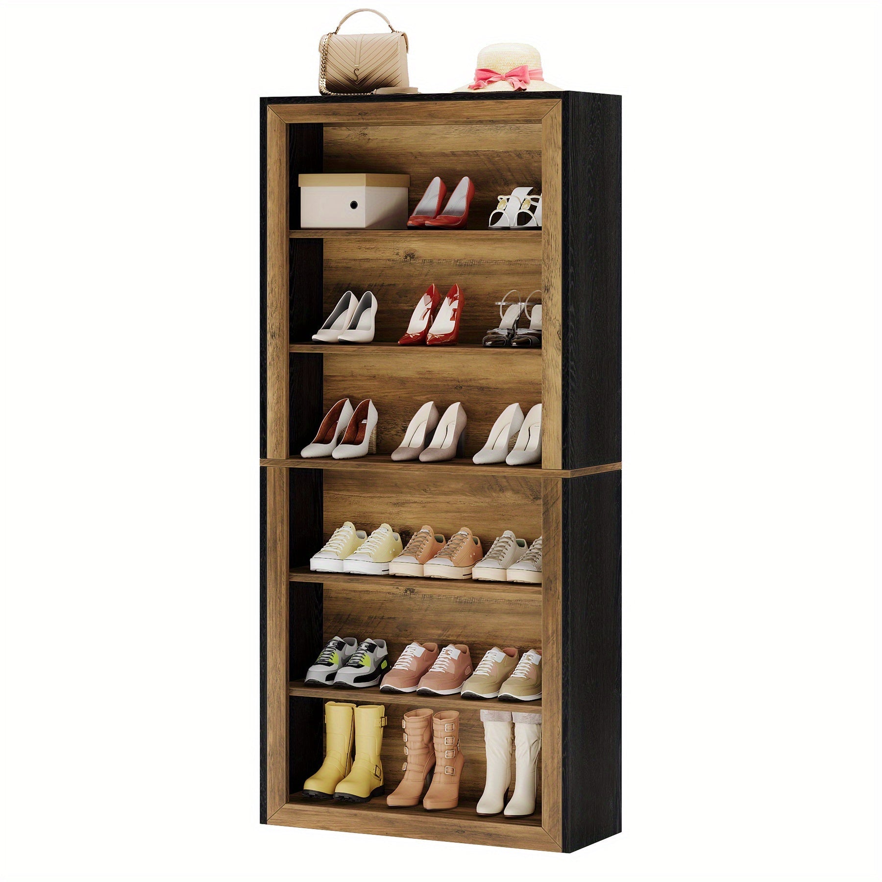 189cm Tall Bookcase, 7 Tiers Wood Open Display Floor Bookshelf, Vintage Open Display Storage Shelves TV Stand for Home Office, Living Room, Bed Room, Brown+Black