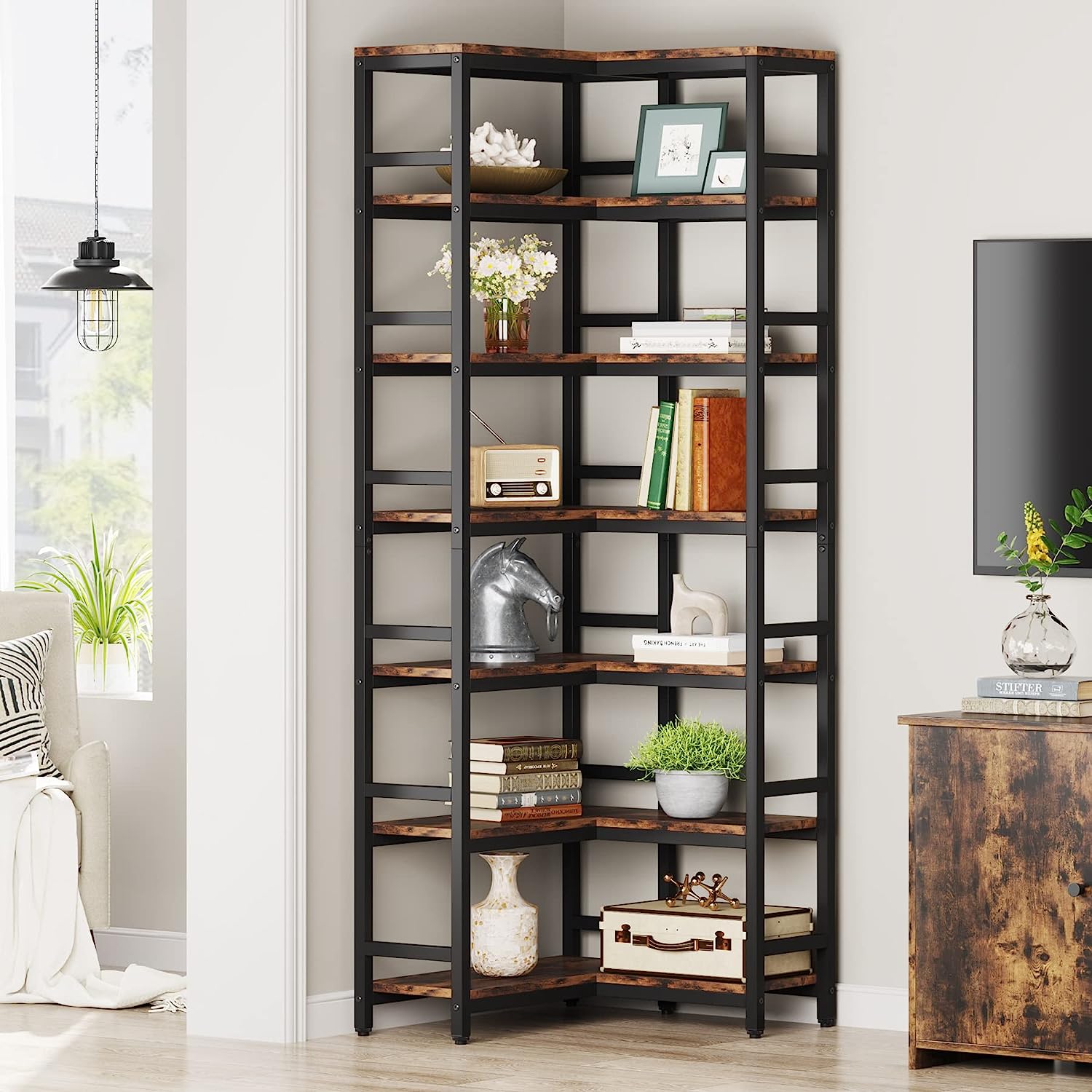 Industrial Corner Bookshelf, 5-Tier/7-Tier Bookcase Etagere Display Rack (in cm)