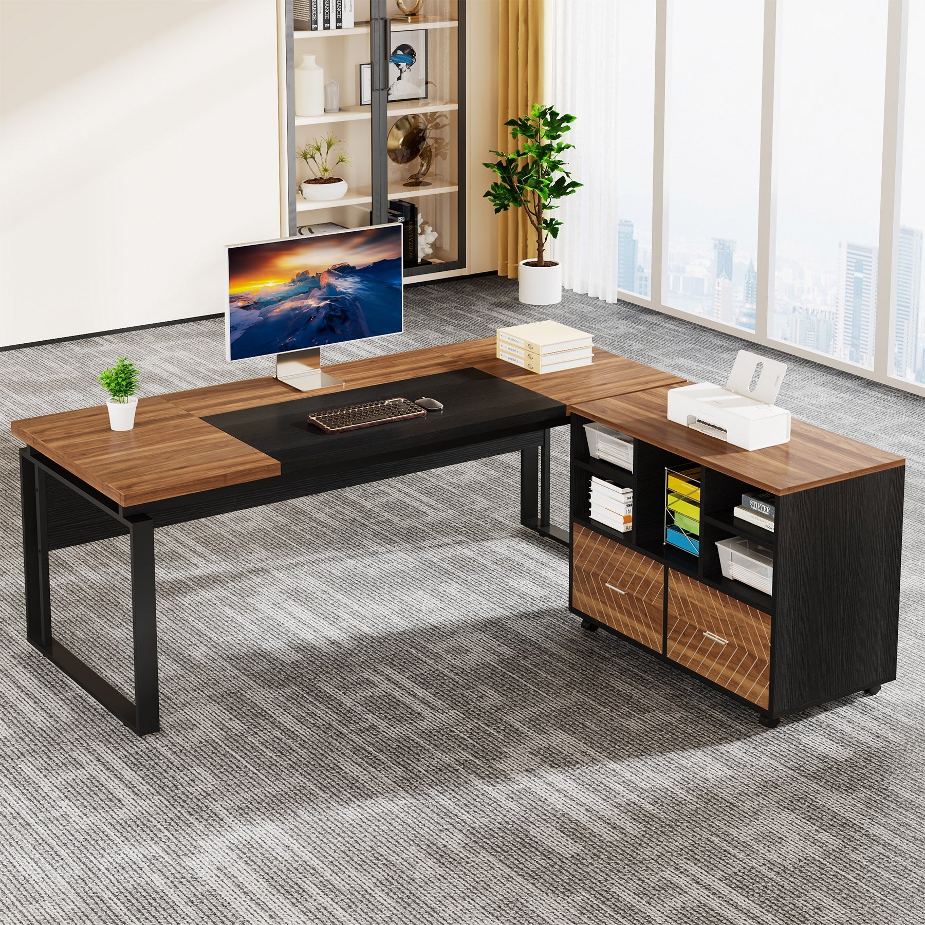 L-Shaped Executive Desk, 160 cm Computer Desk with Mobile File Cabinet