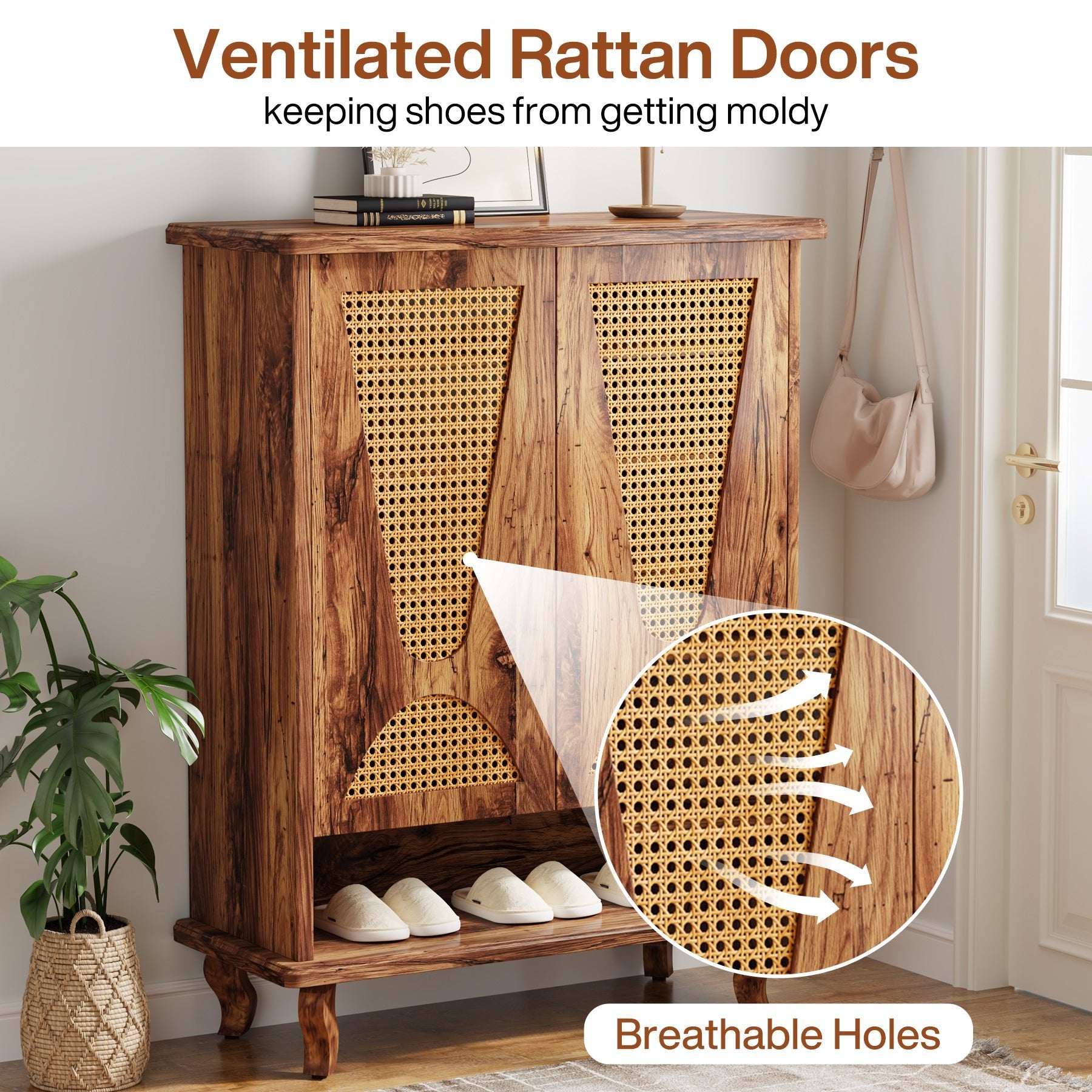 Rattan Shoe Cabinet, 5-Tier Hidden Shoe Rack with Ventilated Doors (cm)