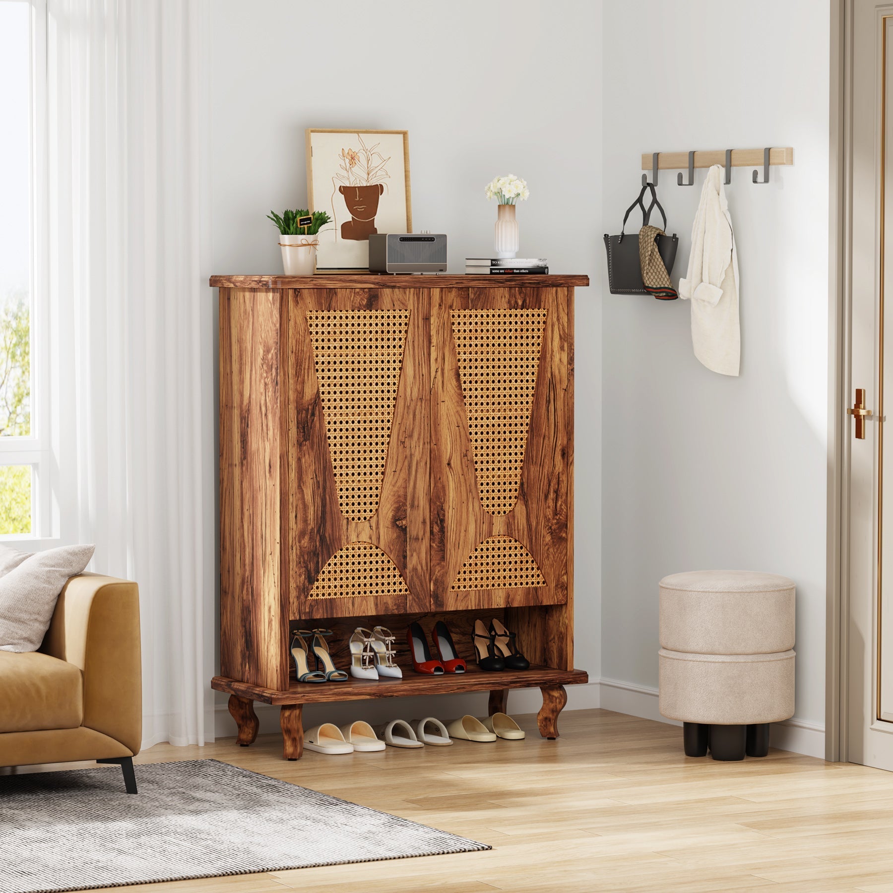 Rattan Shoe Cabinet, 5-Tier Hidden Shoe Rack with Ventilated Doors (cm)