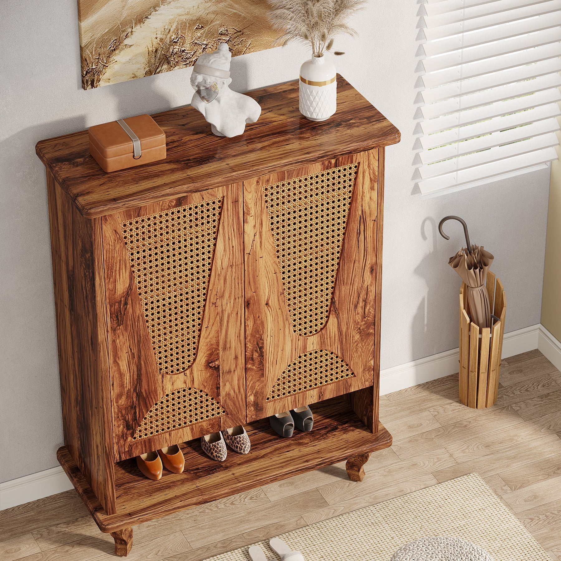 Rattan Shoe Cabinet, 5-Tier Hidden Shoe Rack with Ventilated Doors (cm)