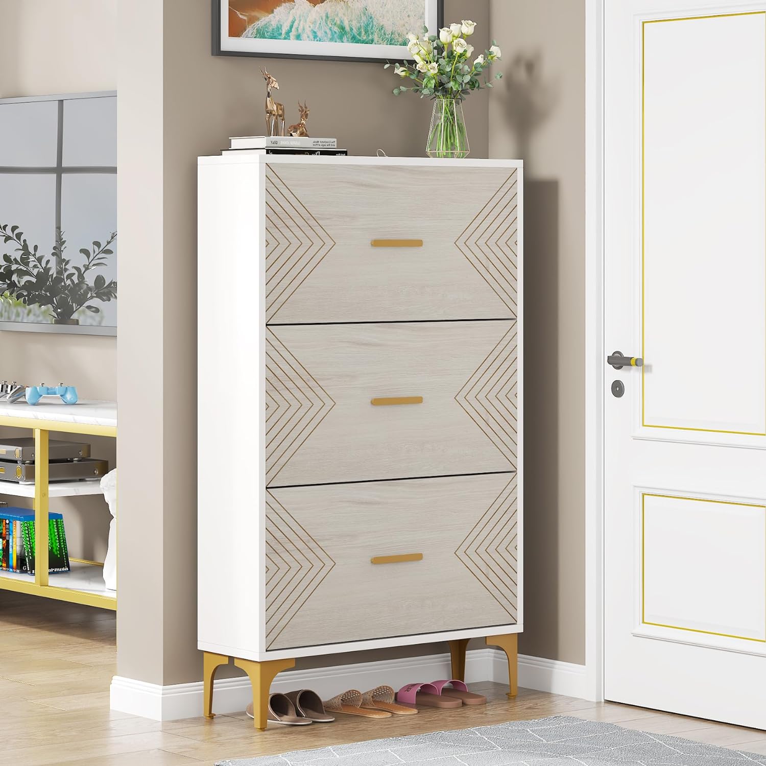 Slim Shoe Cabinet, Hidden Shoe Rack Organizer with 3 Flip Drawers (in cm)