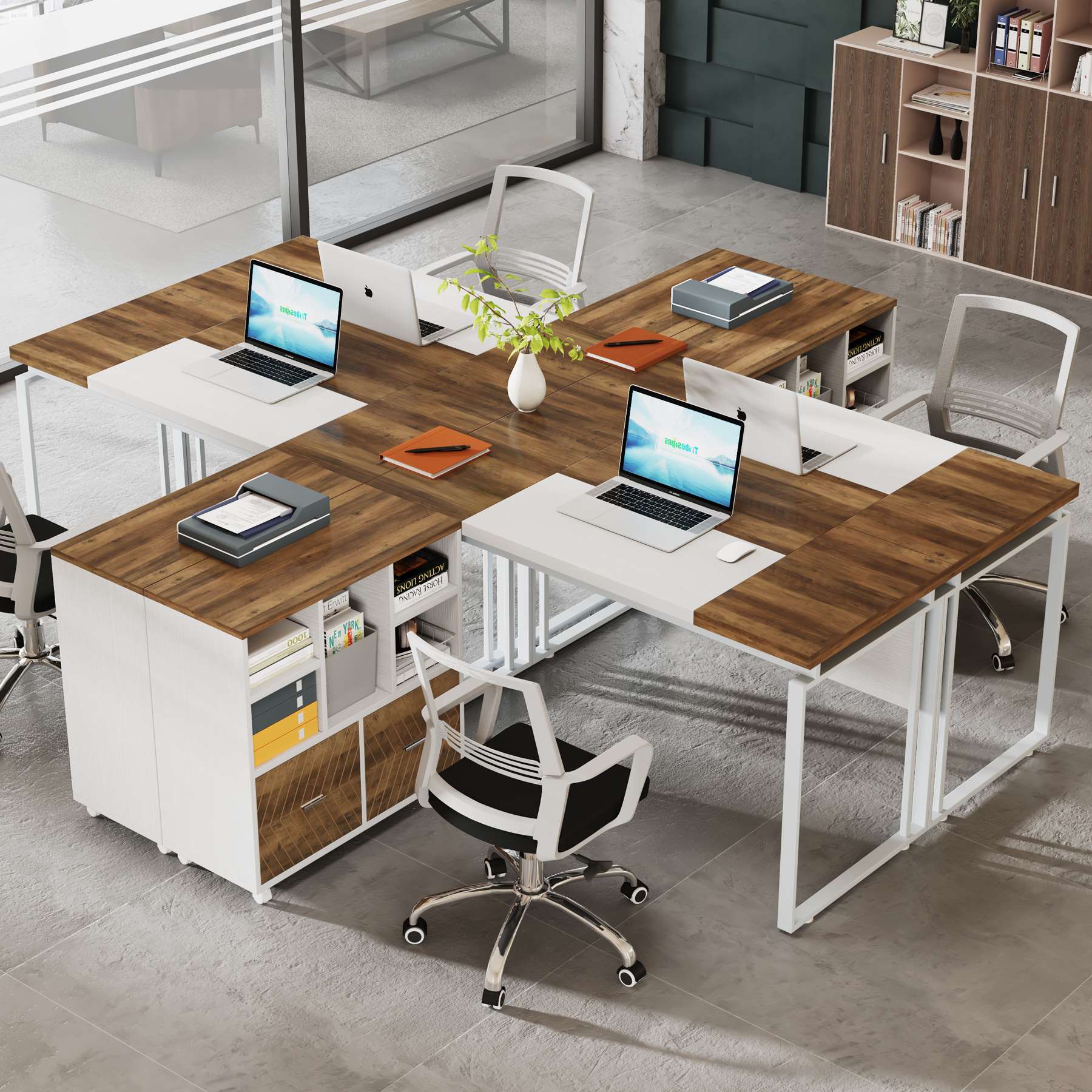L-Shaped Executive Desk, 160 cm Computer Desk with Mobile File Cabinet