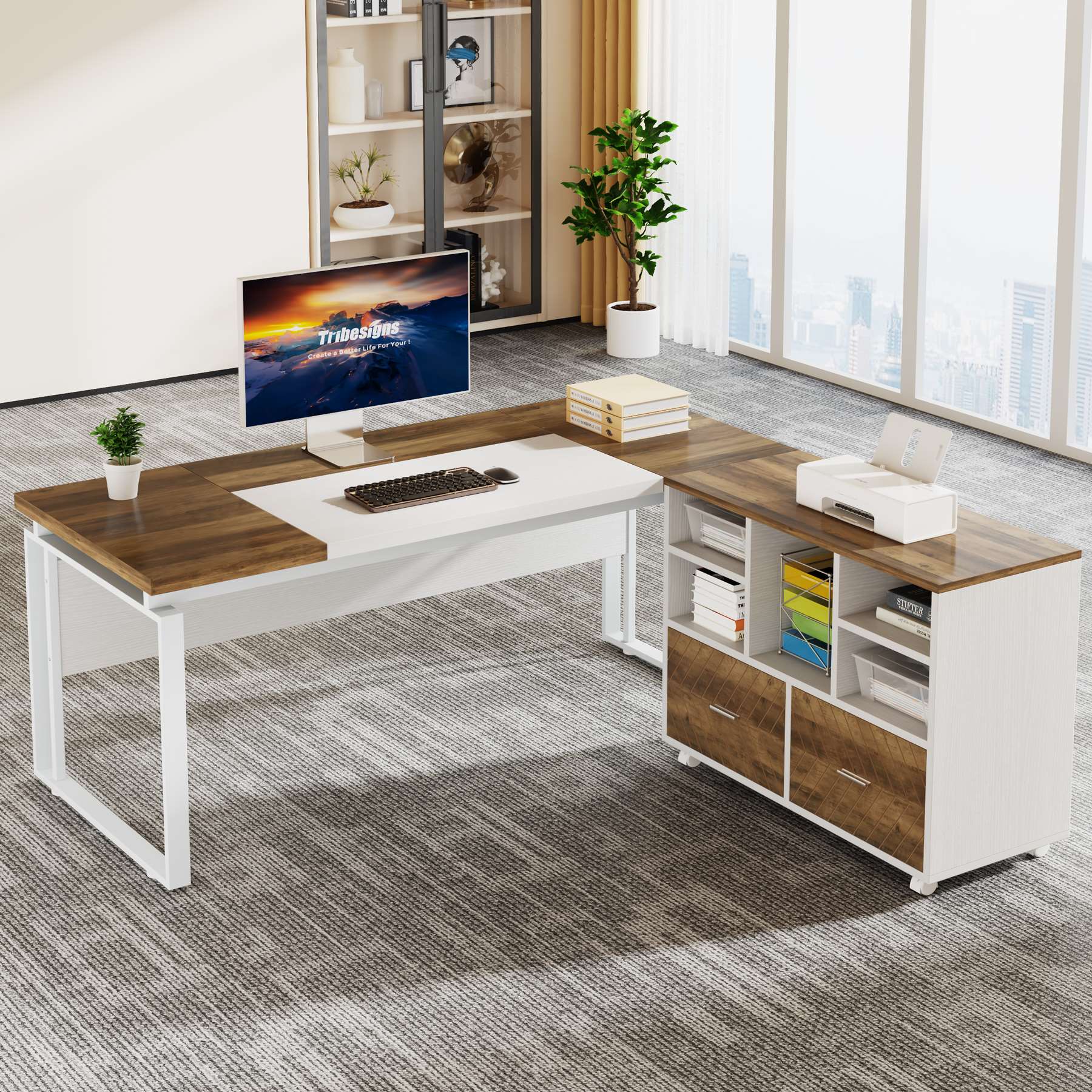 L-Shaped Executive Desk, 160 cm Computer Desk with Mobile File Cabinet